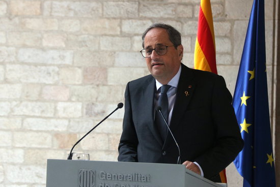 Catalan president Quim Torra speaking to the press on December 19, 2019 (by Pol Solà)